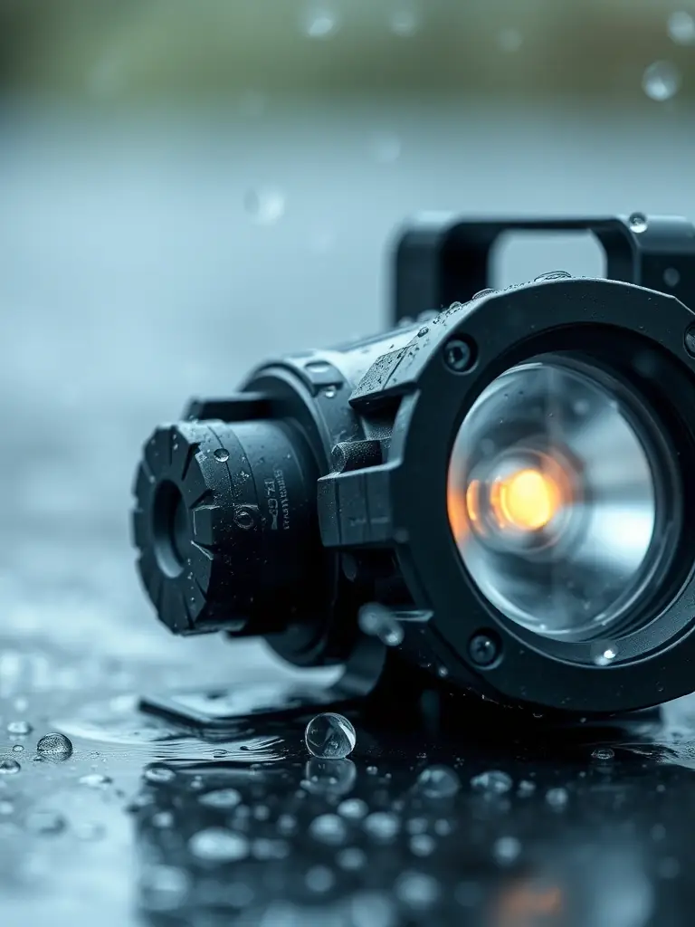 A close-up shot of an IP68 waterproof spotlight, highlighting its robust construction and sealed components, with water droplets on the surface to emphasize its weather resistance.