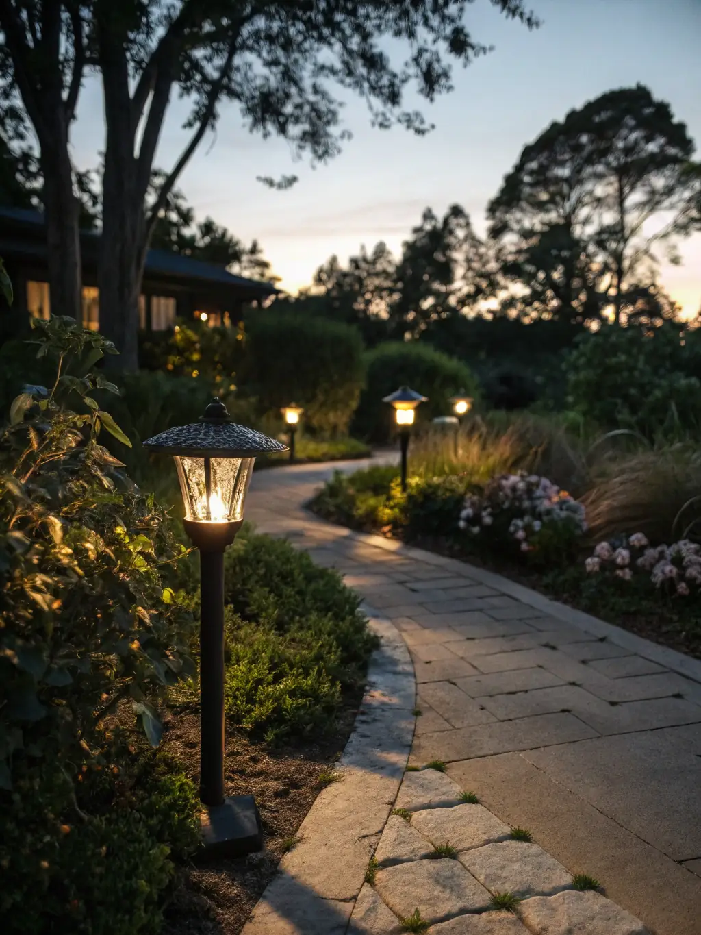 A solar garden lantern emitting a warm glow in a garden setting at dusk, showcasing its energy-efficient operation and vintage design.